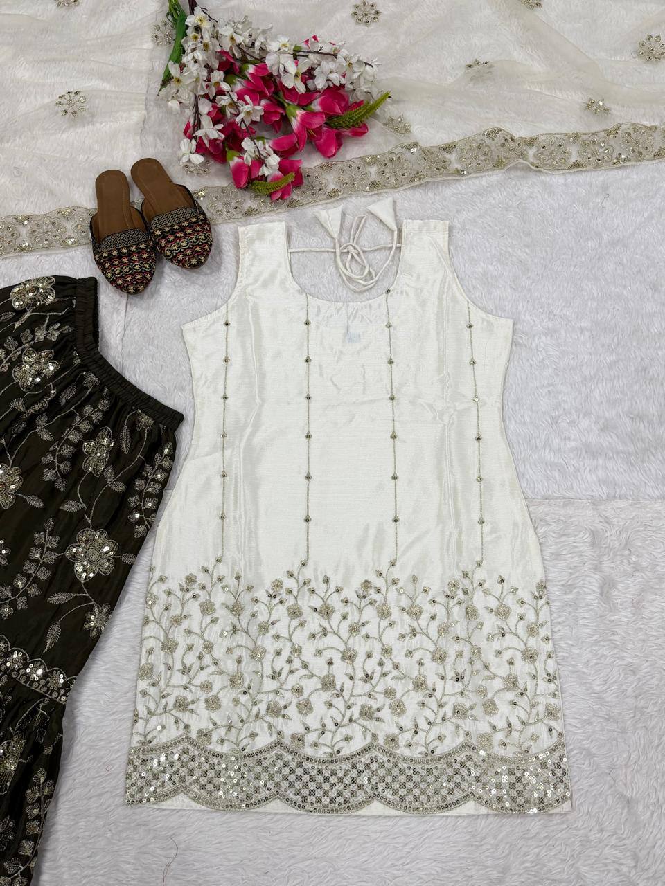 Modern Ivory & Dark Bronze Flared Silk Set